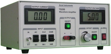 The TS250 is a high current waveform amplifier that can drive heavy loads such as Helmholtz coils and can be used as a battery simulator.