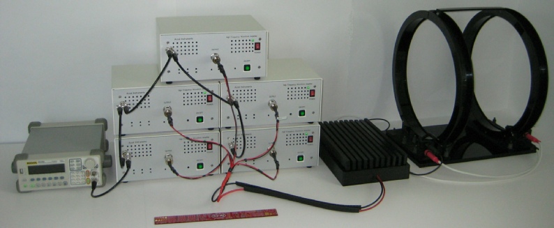 High-frequency Helmholtz coils is driven by 5 high-current amplifier drivers and a resonance capacitor.