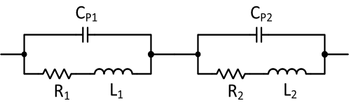 Circuit model of a Helmholtz coil pair for producing high-frequency AC magnetic field.