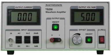 Waveform generator amplifier outputs high current, high voltage, or high power. Its applications include piezo driver and ultrasonic amplifier.