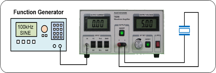 Diagram showing ultrasonic piezo transducer driver and amplifier connection to a signal generator.